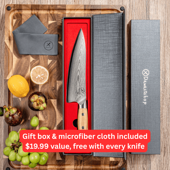 Premium Damascus 7 inch. Chef Knife Olive Wood