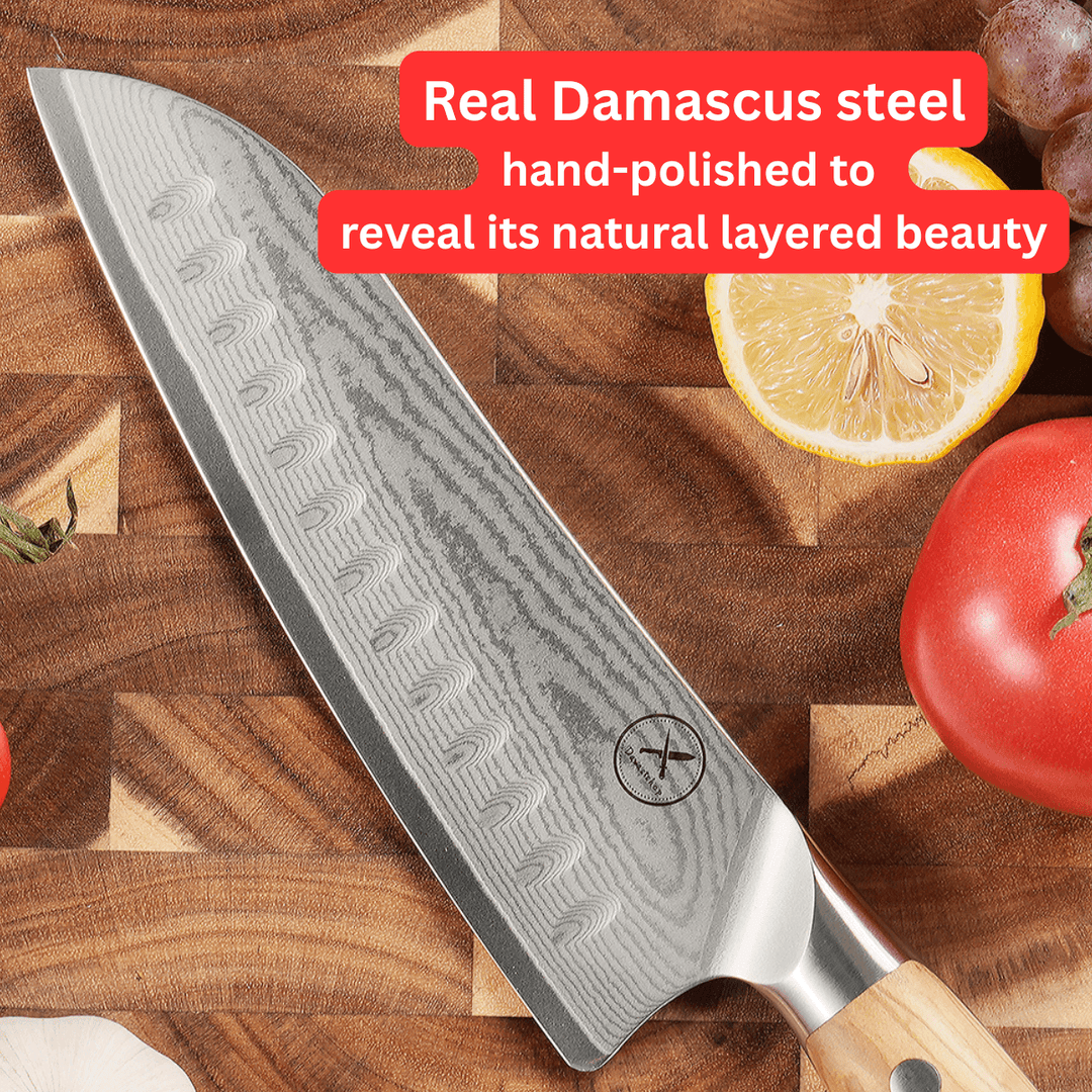 Premium Damascus 7 inch. Santoku Knife Olive Wood