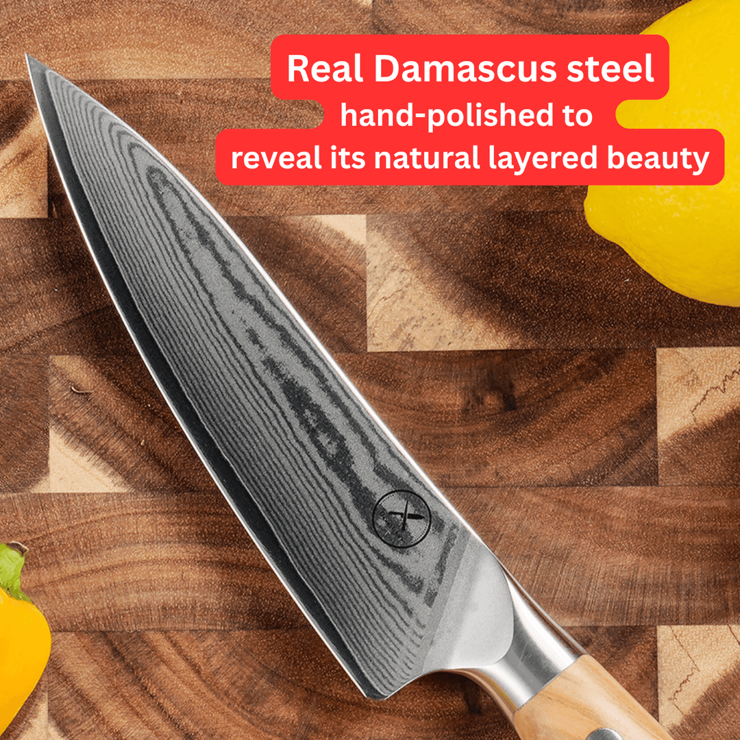Premium Damascus 5 inch. Utility Knife Olive Wood
