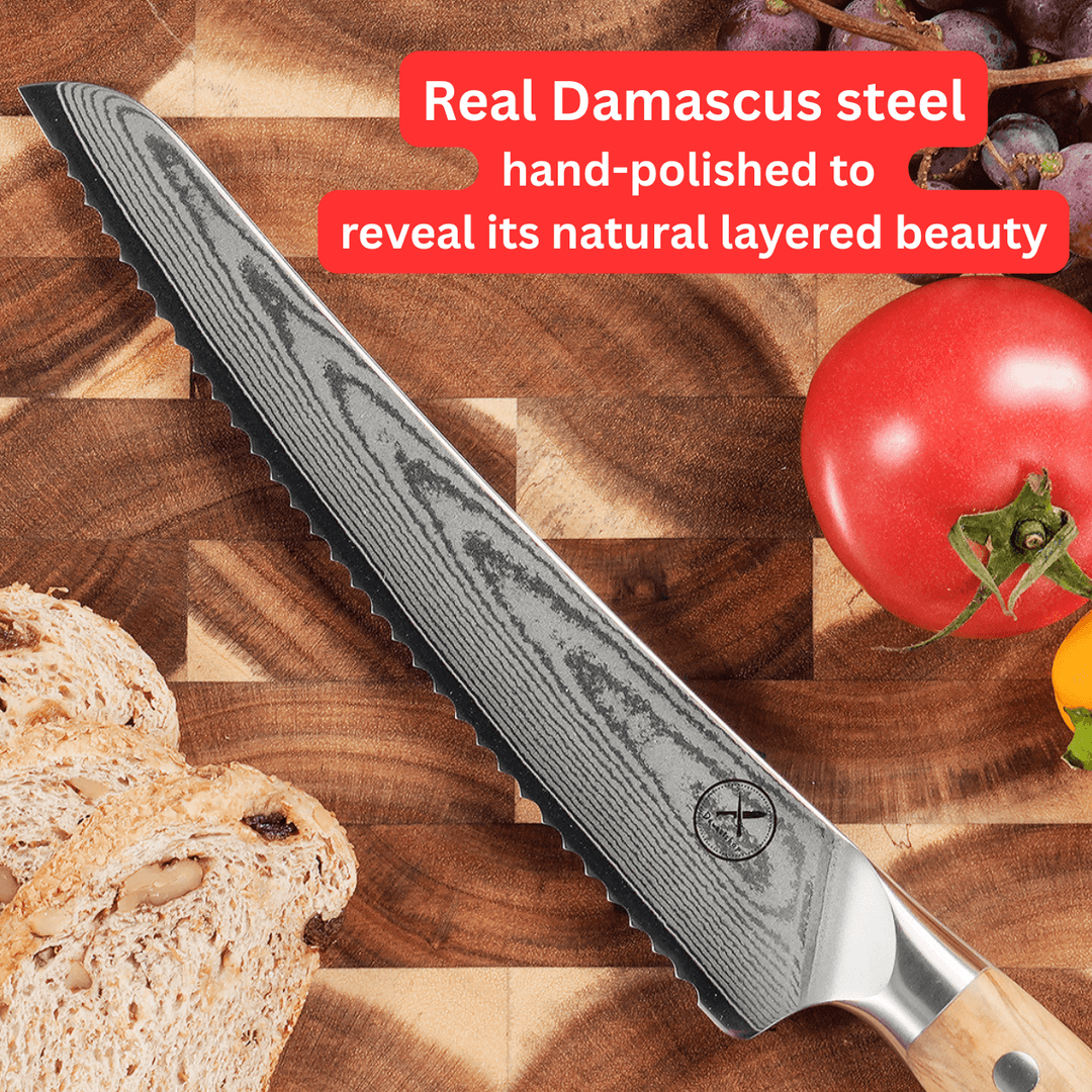 Premium Damascus 8 inch. Bread Knife Olive Wood