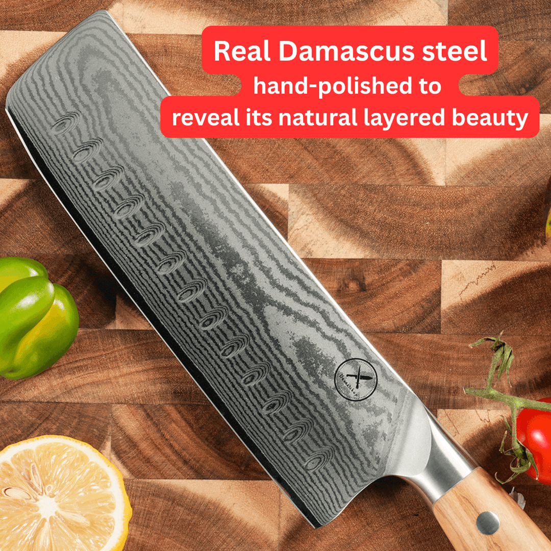 Premium Damascus 7 inch. Nakiri Knife Olive Wood