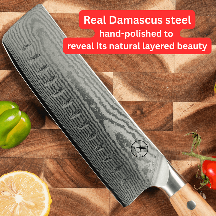 Premium Damascus 7 inch. Nakiri Knife Olive Wood