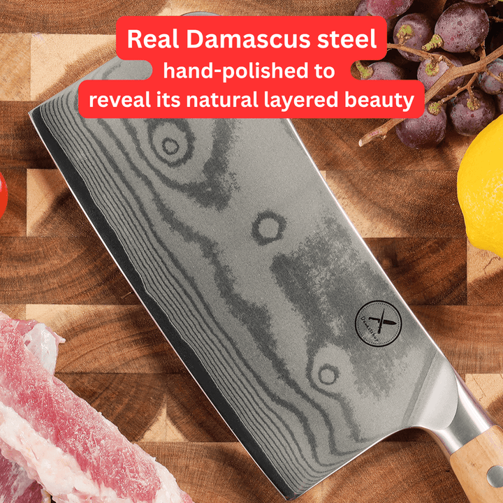 Premium Damascus 7 inch. Bone Chopper Olive Wood