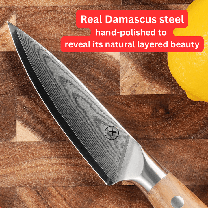 Premium Damascus 4 inch. Paring Knife Olive Wood