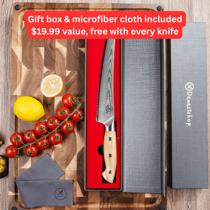 Premium Damascus 8 inch. Bread Knife Olive Wood