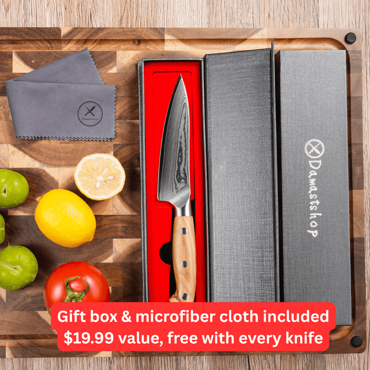 Premium Damascus 5 inch. Utility Knife Olive Wood