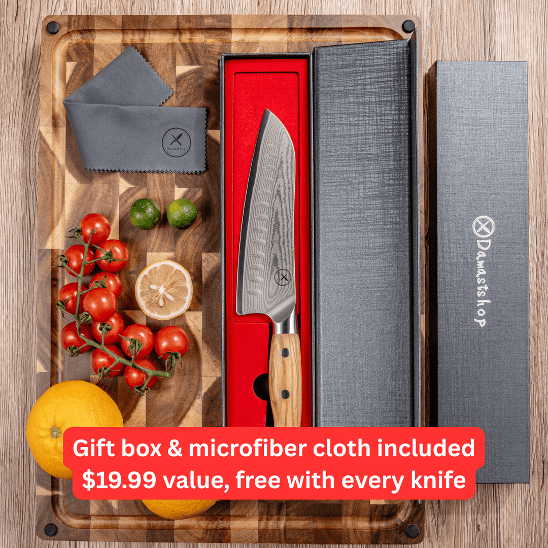 Premium Damascus 7 inch. Santoku Knife Olive Wood