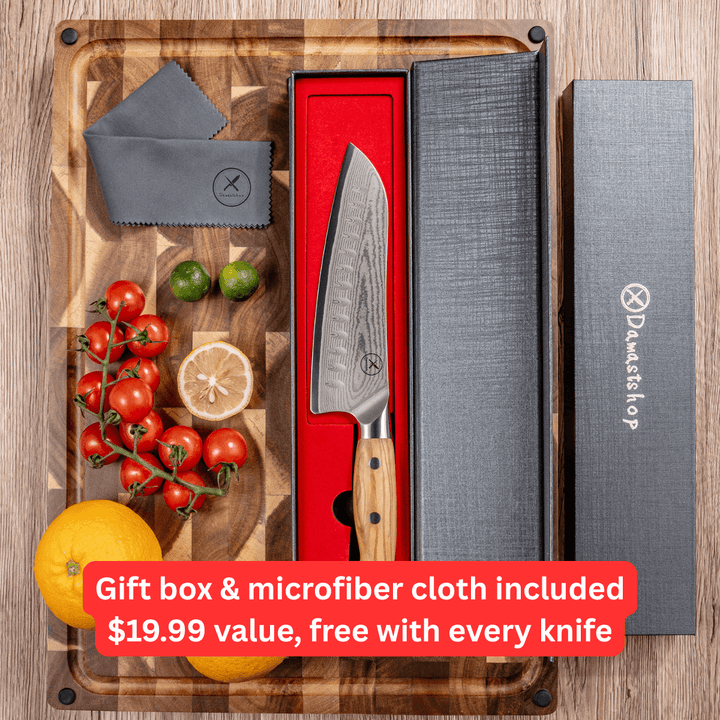 Premium Damascus 7 inch. Santoku Knife Olive Wood