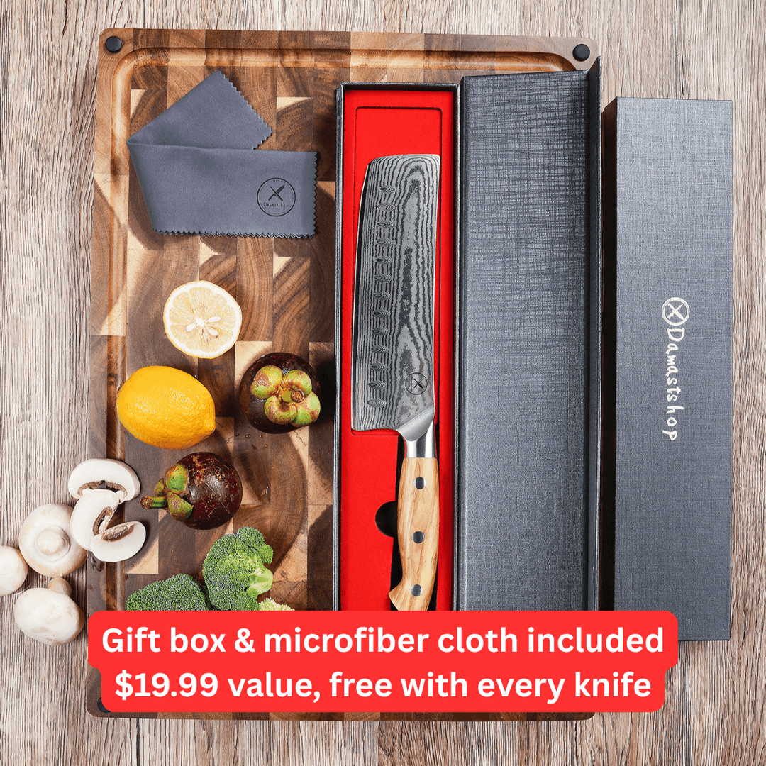 Premium Damascus 7 inch. Nakiri Knife Olive Wood