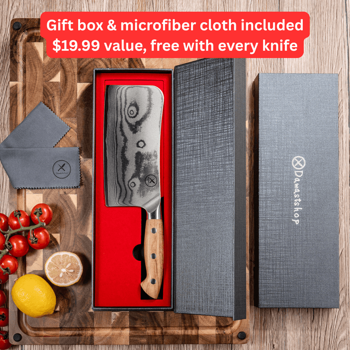 Premium Damascus 7 inch. Bone Chopper Olive Wood