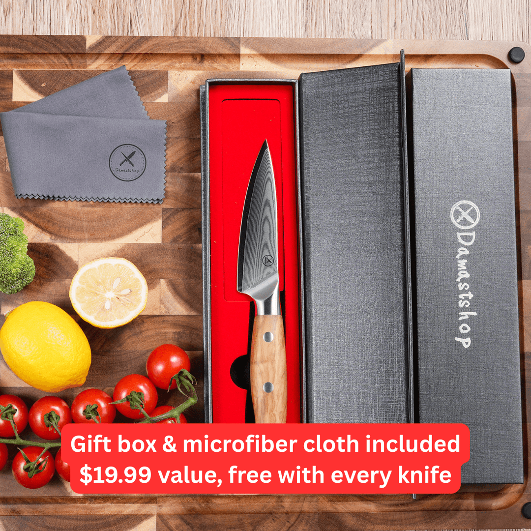 Premium Damascus 4 inch. Paring Knife Olive Wood