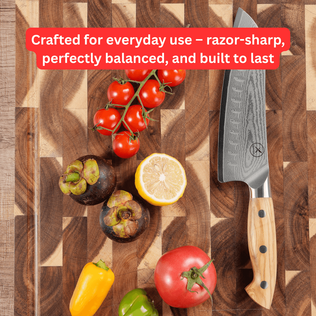 Premium Damascus 7 inch. Santoku Knife Olive Wood