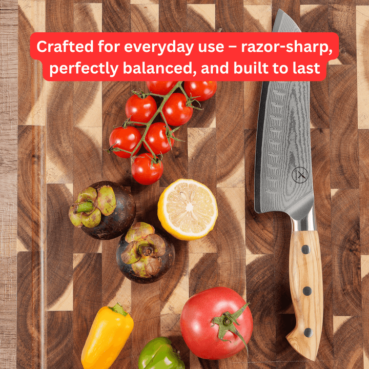 Premium Damascus 7 inch. Santoku Knife Olive Wood