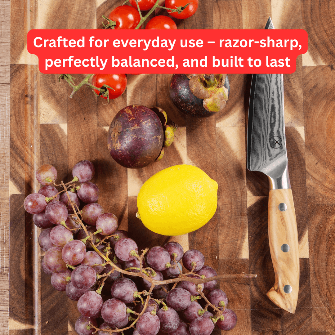 Premium Damascus 5 inch. Utility Knife Olive Wood