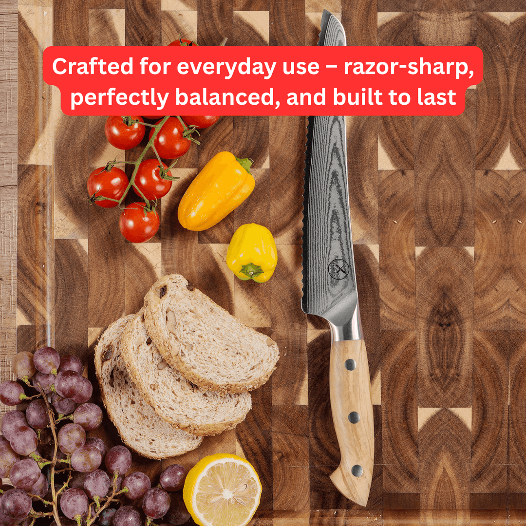 Premium Damascus 8 inch. Bread Knife Olive Wood