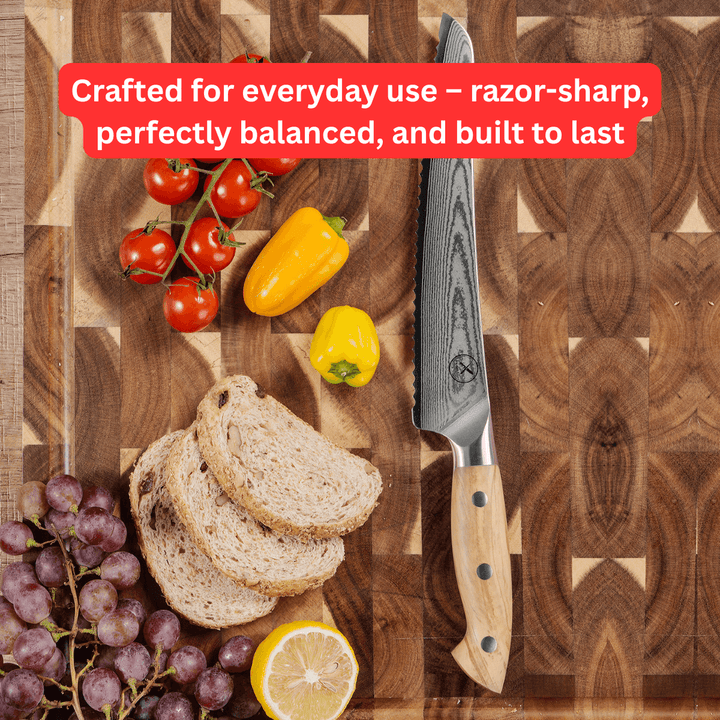 Premium Damascus 8 inch. Bread Knife Olive Wood
