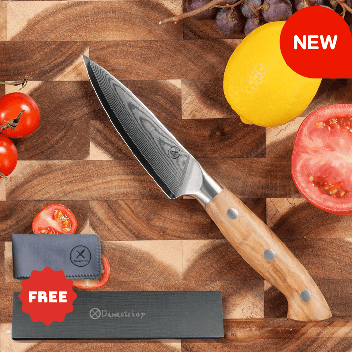 Premium Damascus 4 inch. Paring Knife Olive Wood