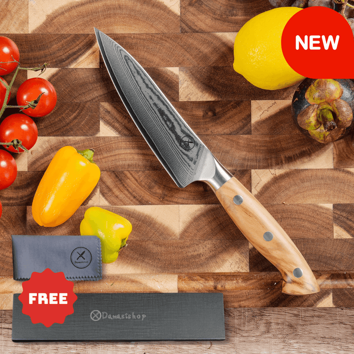 Premium Damascus 5 inch. Utility Knife Olive Wood