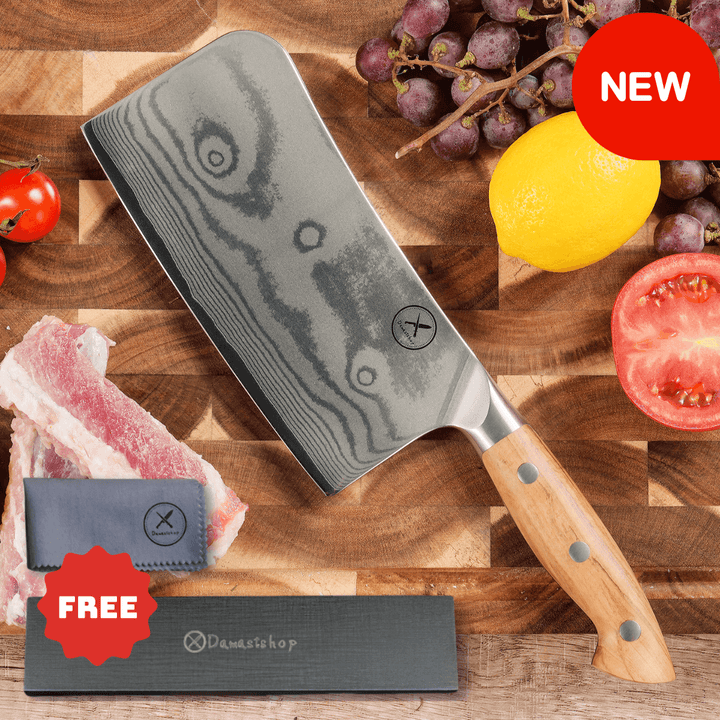 Premium Damascus 7 inch. Bone Chopper Olive Wood