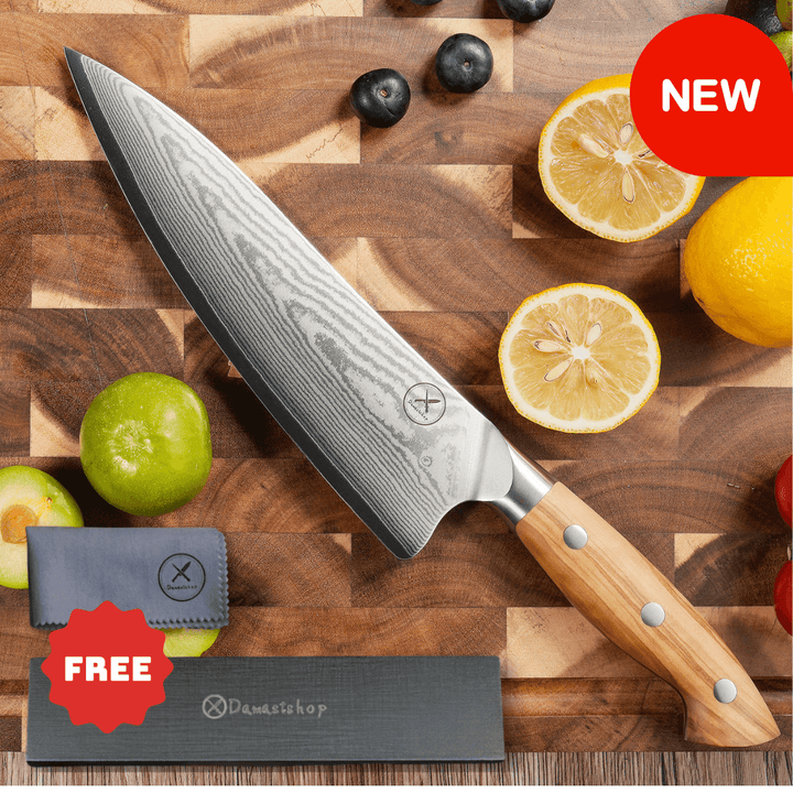 Premium Damascus 7 inch. Chef Knife Olive Wood