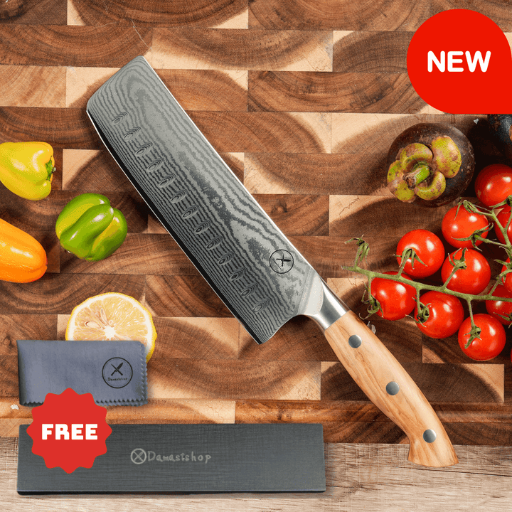 Premium Damascus 7 inch. Nakiri Knife Olive Wood