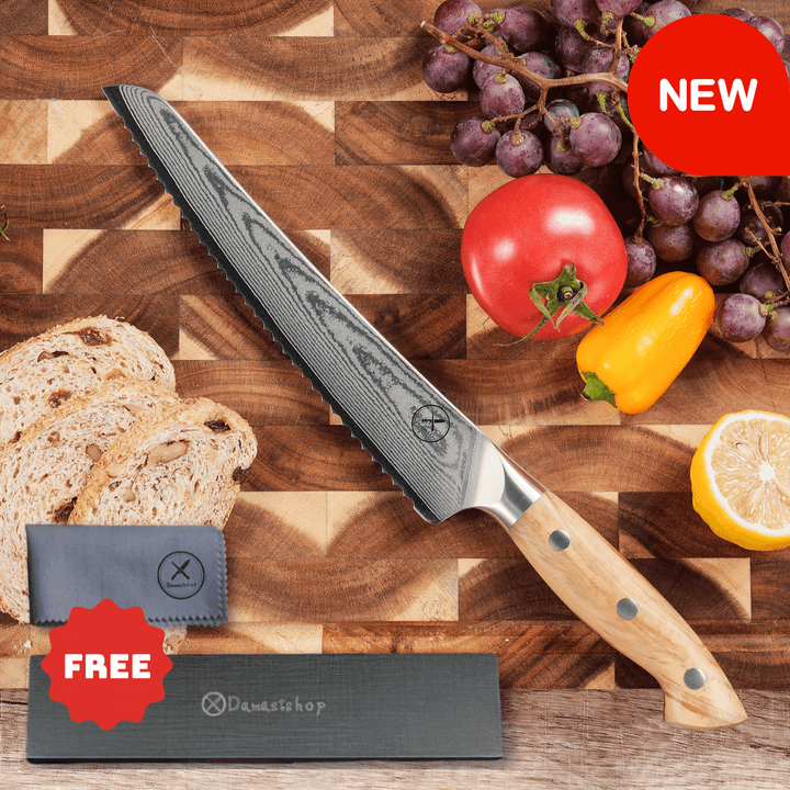 Premium Damascus 8 inch. Bread Knife Olive Wood