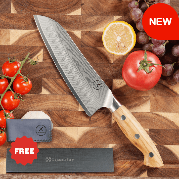Premium Damascus 7 inch. Santoku Knife Olive Wood