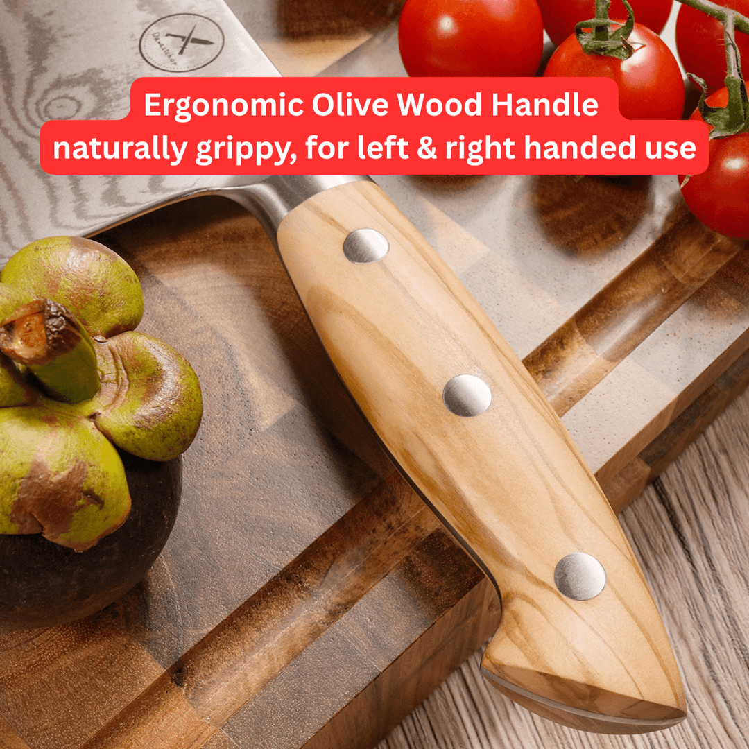 Premium Damascus 7 inch. Bone Chopper Olive Wood