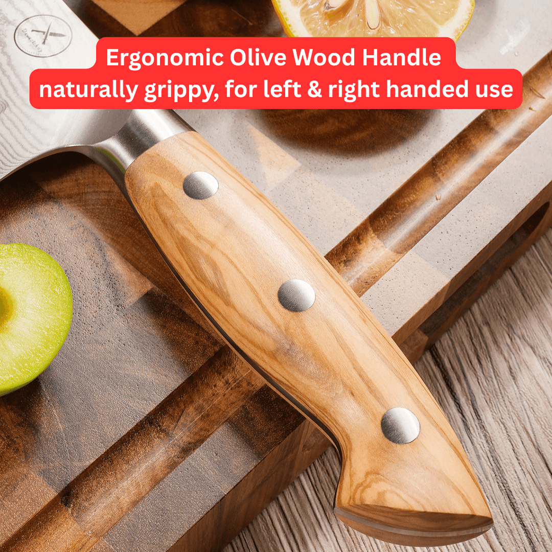 Premium Damascus 7 inch. Santoku Knife Olive Wood