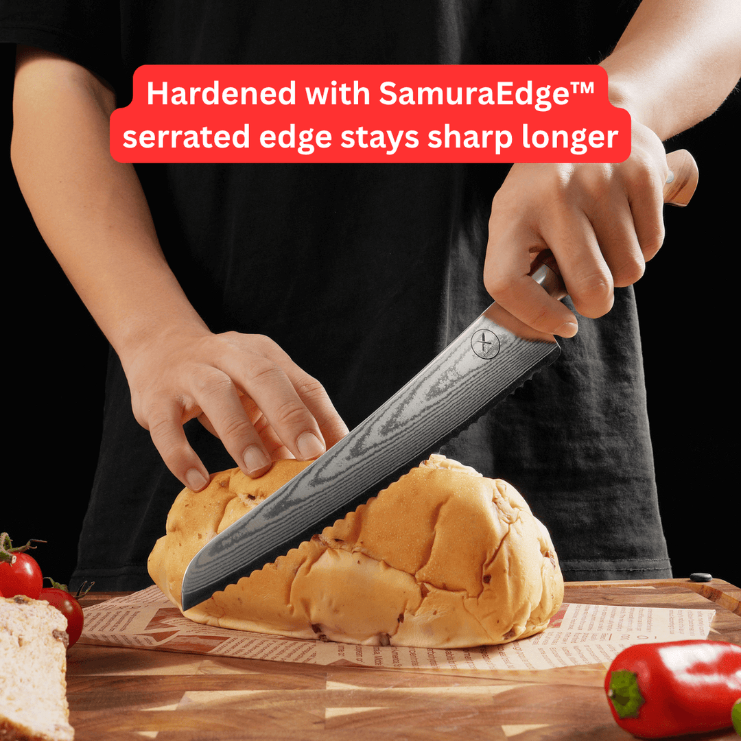 Premium Damascus 8 inch. Bread Knife Olive Wood