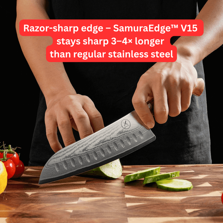 Premium Damascus 7 inch. Santoku Knife Olive Wood