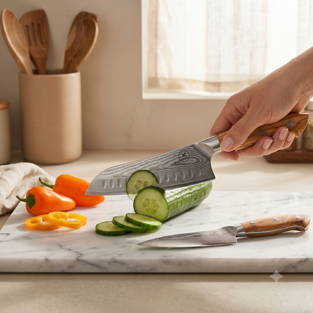Damascus Santoku and Utility knife set in use – 67-layer blade, olive wood handle