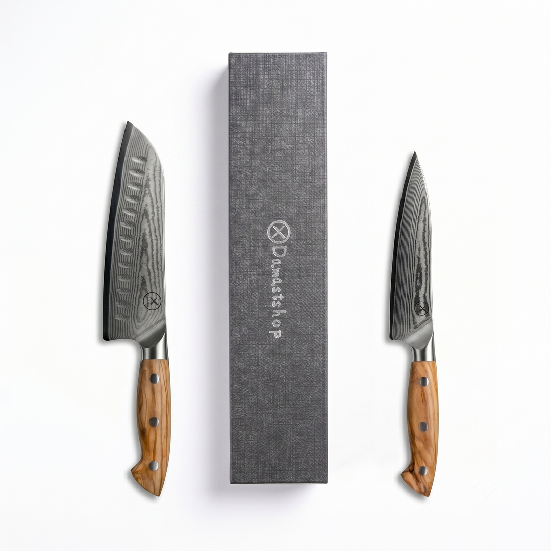 Damascus steel Santoku and utility knife starter set with gift box – 67-layer blade, designed in Germany