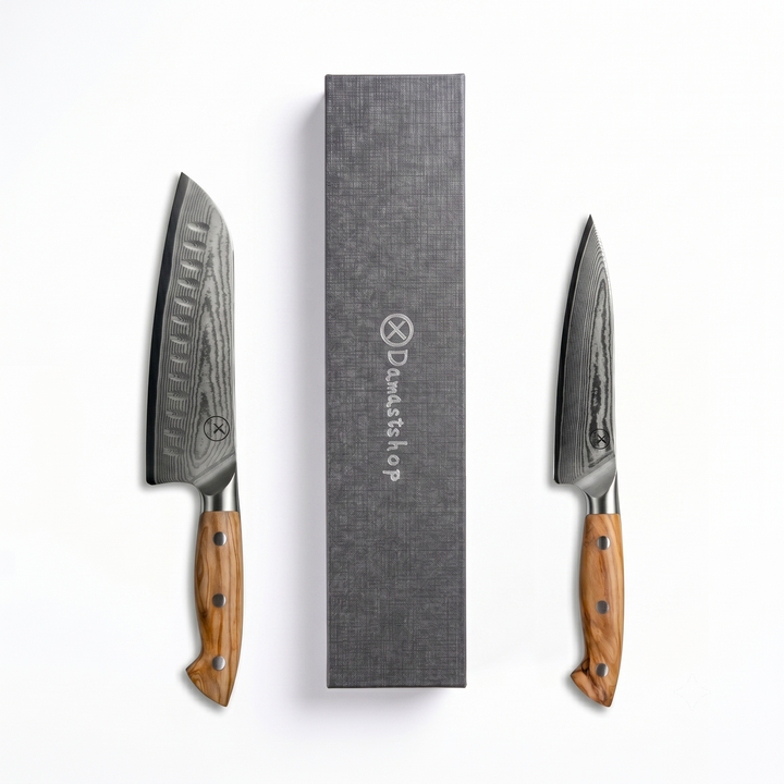 Damascus steel Santoku and utility knife starter set with gift box – 67-layer blade, designed in Germany