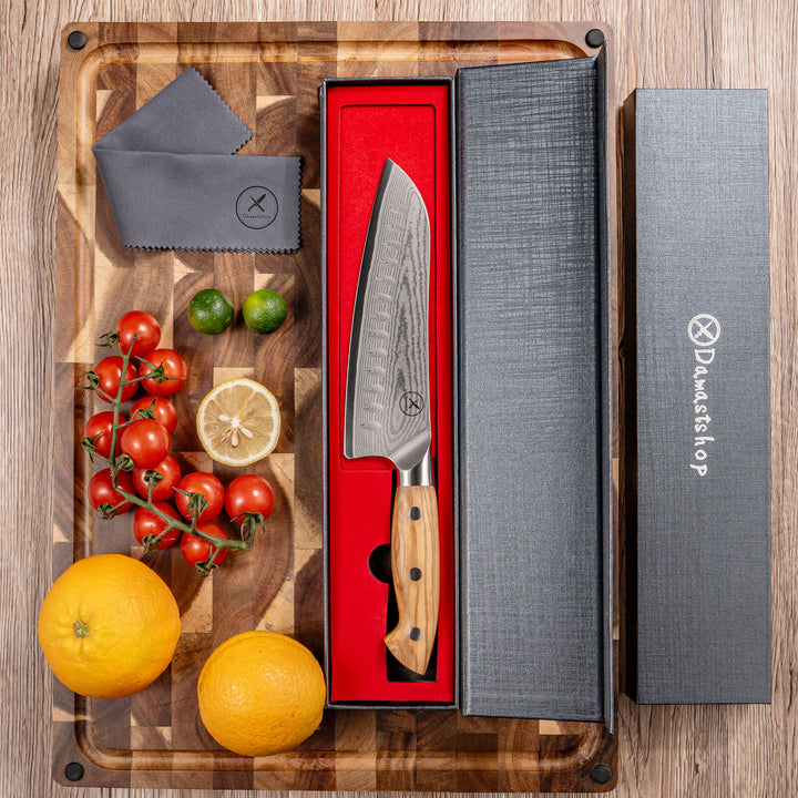 Damascus Santoku knife in gift box with red velvet inlay – designed in Germany, ships from Florida